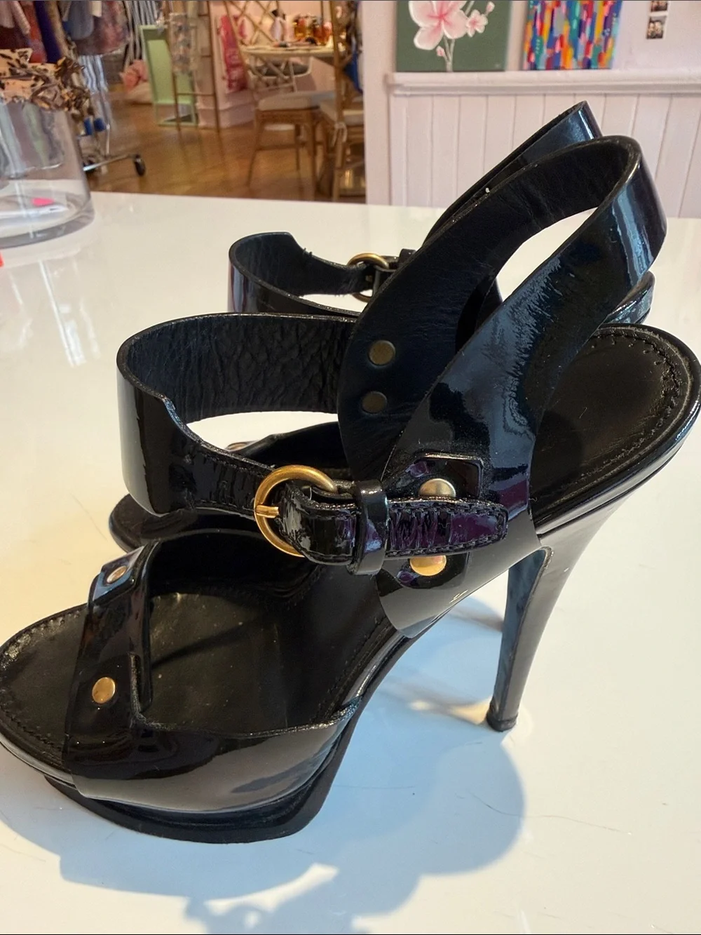 YASL Saint Laurent Black Patent Leather Stud Platform Sandals Gold Accents sz 36